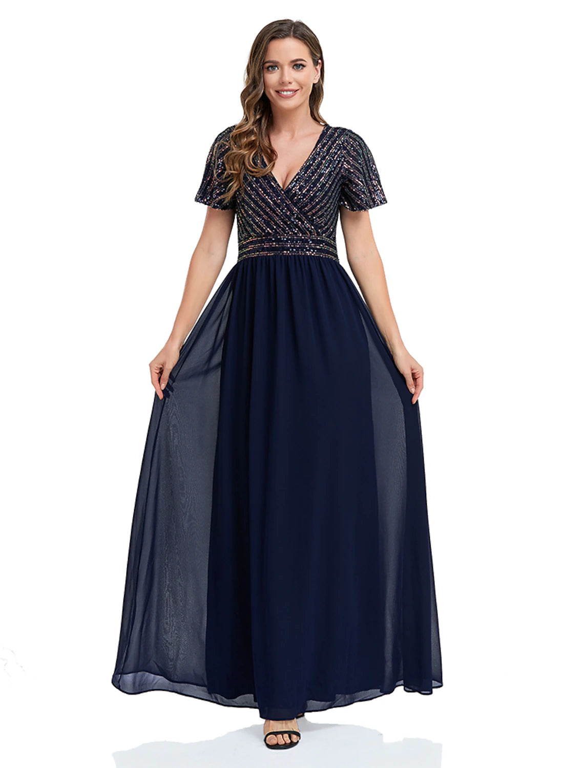 Abito da sera a sirena a trapezio, abito da sera scintillante e brillante, abito da ospite di nozze natalizio, lunghezza al pavimento, manica corta, scollo a V, paillettes